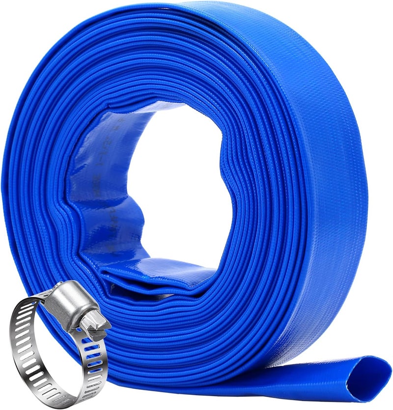 DAVCO 2" x 25 ft Pool Backwash Hose, Heavy Duty Reinforced Blue PVC Lay Flat Water Discharge Pump Hoses For Swimming Drain Pools and Clean Filters,with 1 Clamp - Image 1